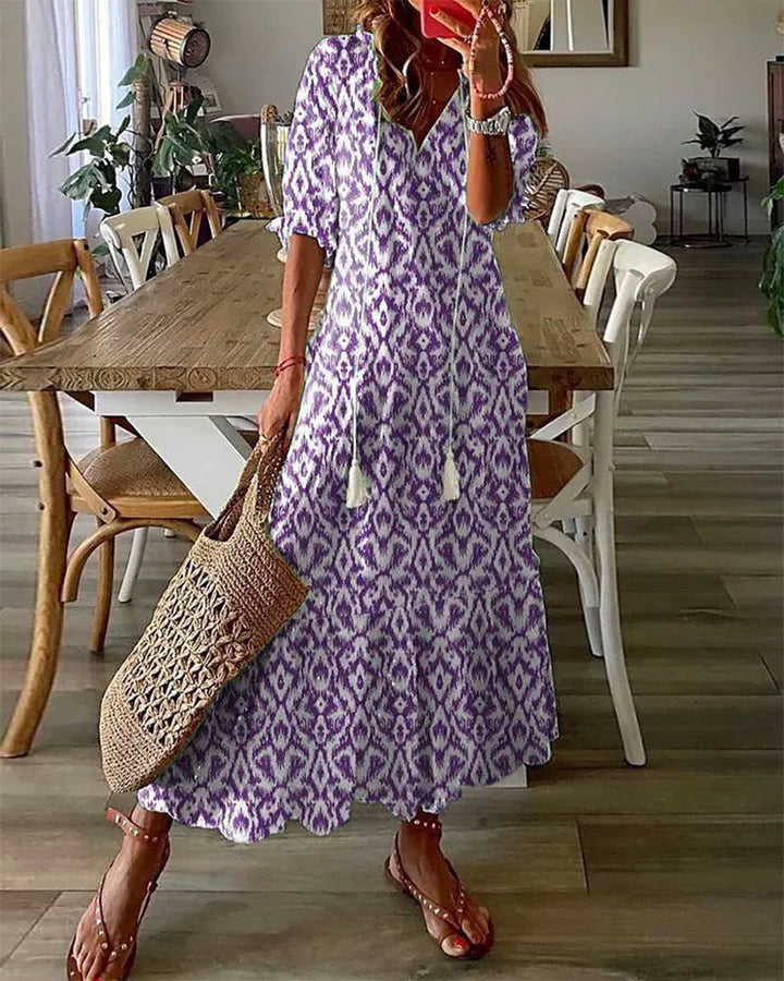 Ophra - V-Neck Geometric Print Maxi Dress