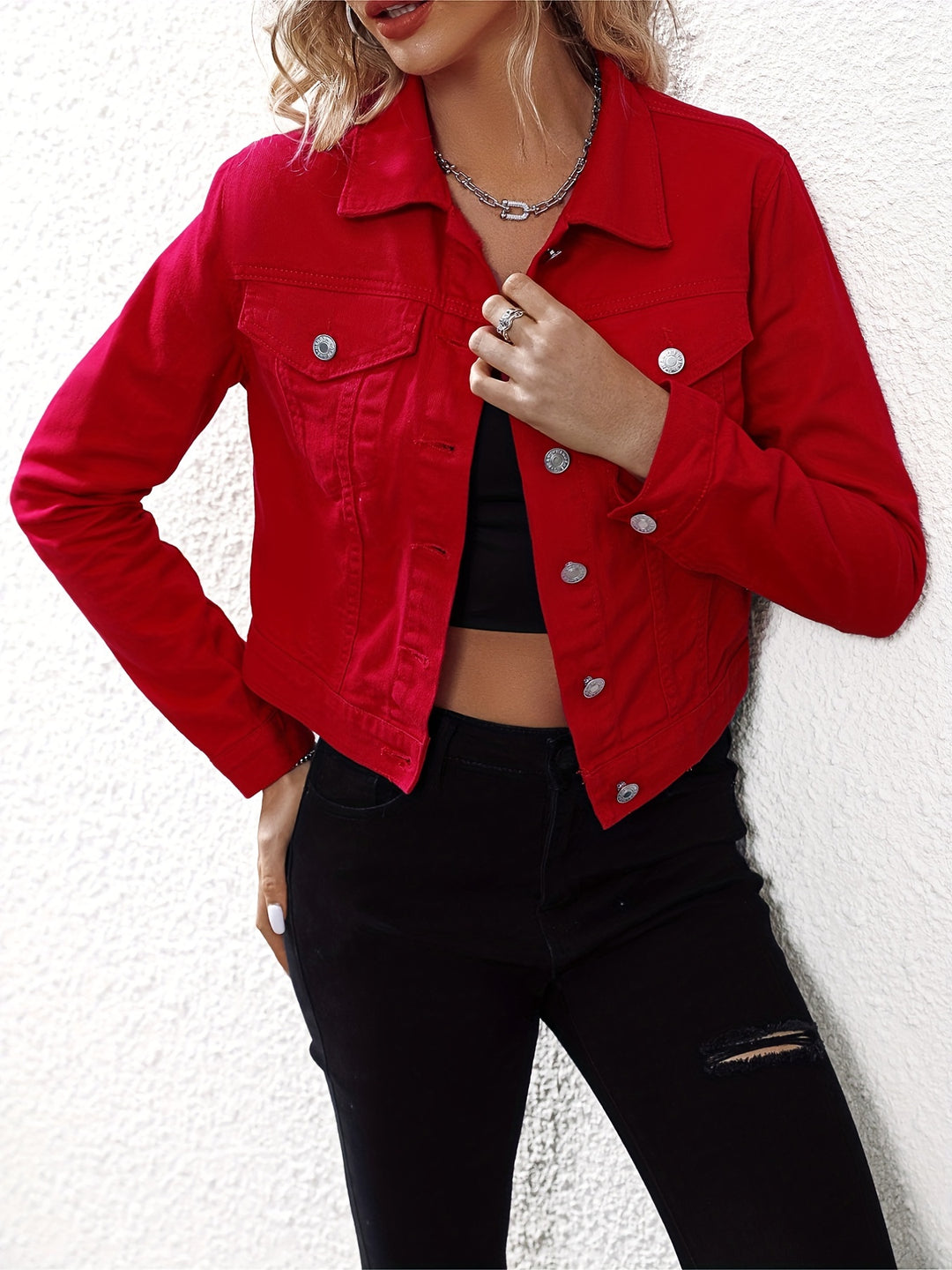 Maya - Red denim jacket with long sleeves